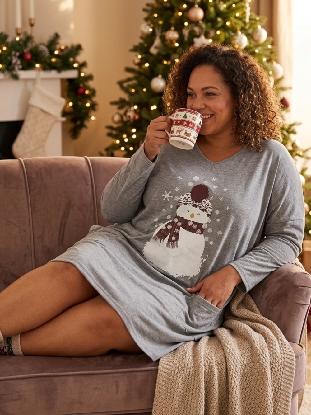 Noracora Cozy Snowman Sleep Shirt - Gray Christmas Nightdress Size XXL